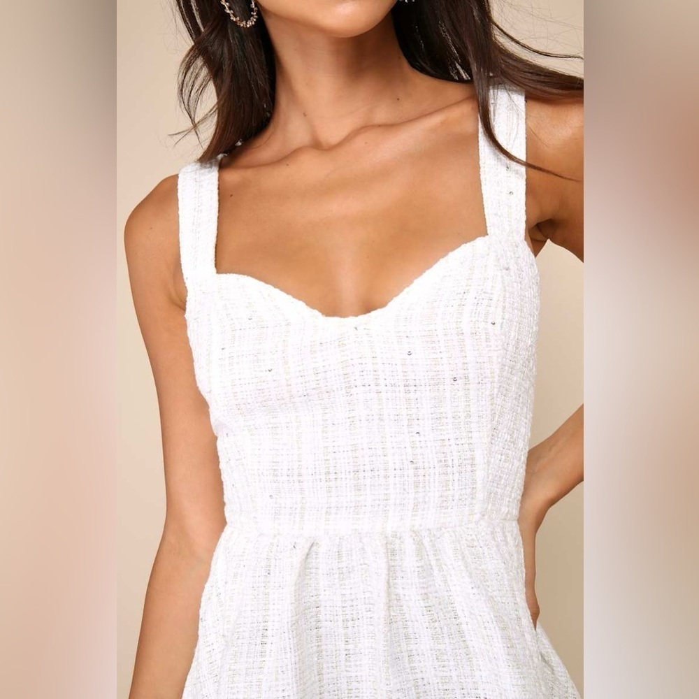 NWT Lulus Charming Pose Ivory Tweed Sequin Mini Dress size M - Picture 2 of 13
